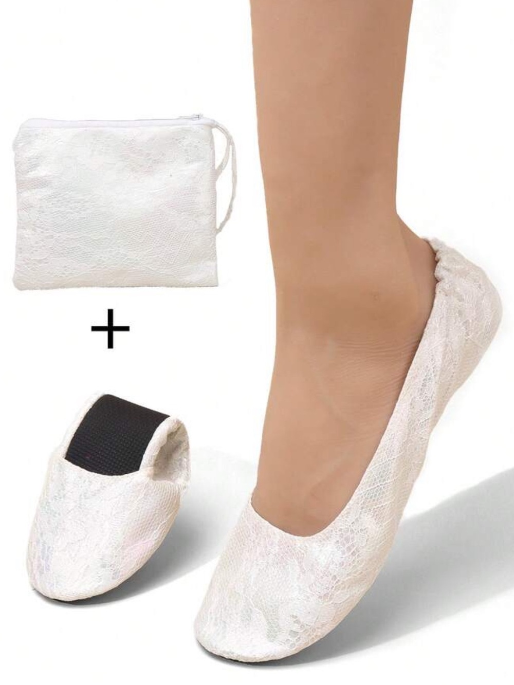 White Lace Foldable Ballet Flats with Pouch